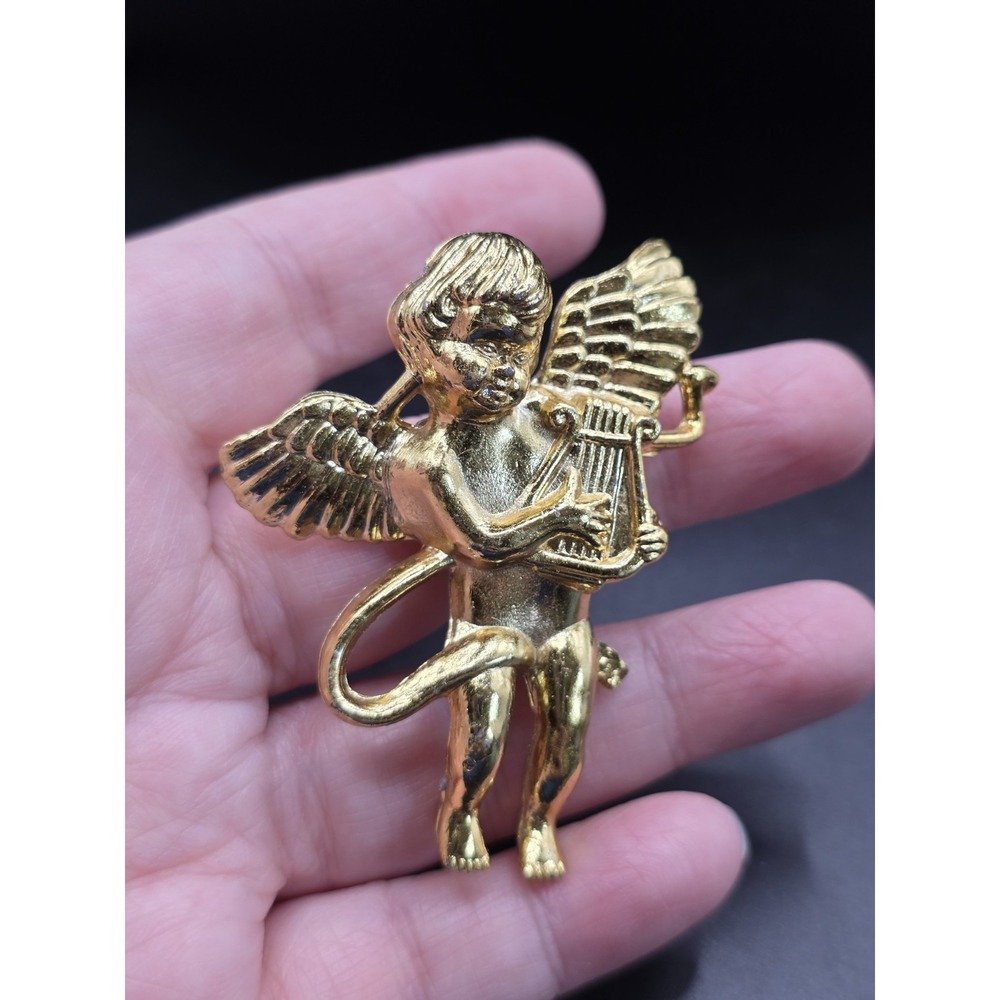 Plastic Golden Angel Cherub Playing Harp Brooch Pin